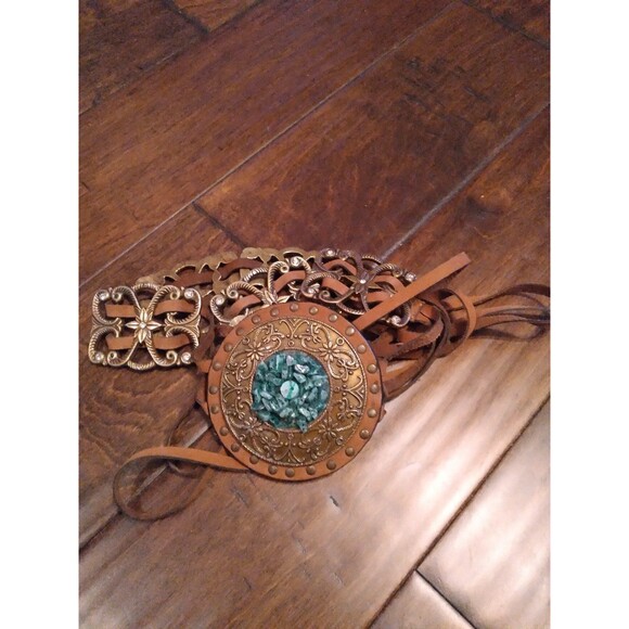 Chico's Leather Belt Boho Medallion Embellished Tie Waist M/L - Picture 3 of 3